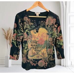 SUSAN LAWRENCE Vintage 90s Y2K Grunge Goth Witchy 3/4 Sleeve Top XL Black